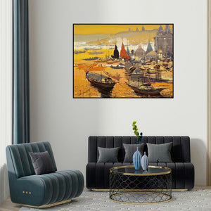 Hari Dhongade's 'Untitled 21 (Dawn on the Ganges)' painting visualized above a sofa in a contemporary room.