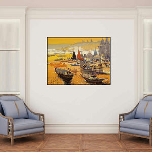 'Untitled 21 (Dawn on the Ganges)' painting by Hari Dhongade shown on a wall in a furnished room.