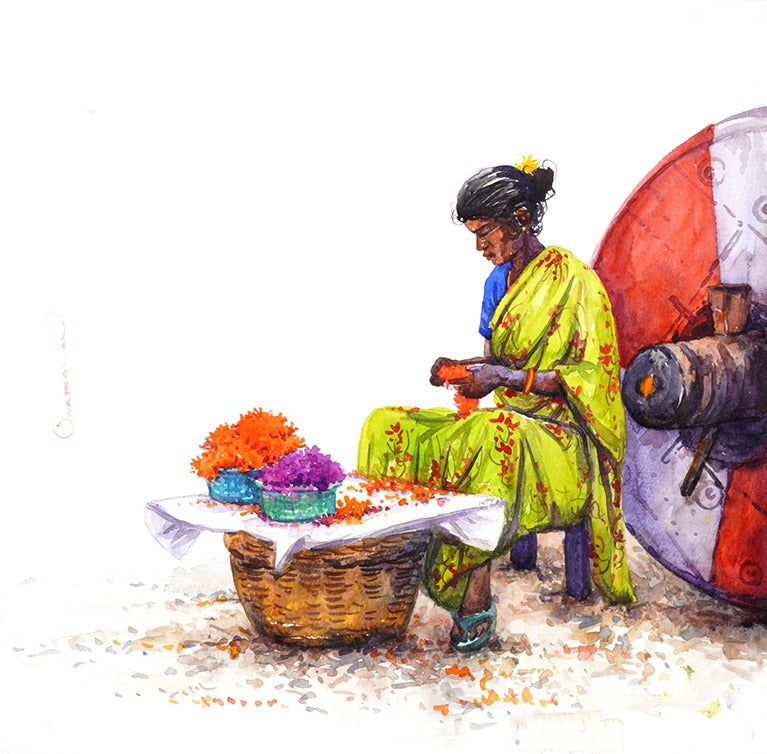 Untitled 21' figurative watercolor painting by artist Siva Balan, 15x15 inch, on paper