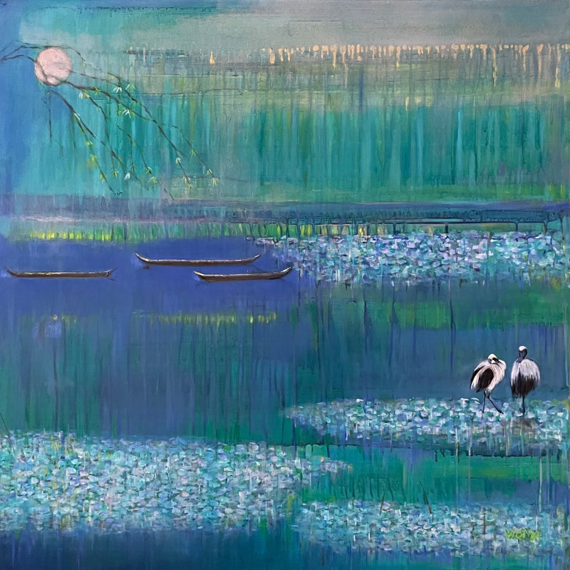 Untitled 21' seascape mixed-media painting by artist Vyoma Parikh, 36x36 inch, on linen