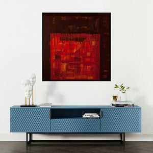 'Untitled 22' painting by Arvind Hate shown on a wall in a furnished room.