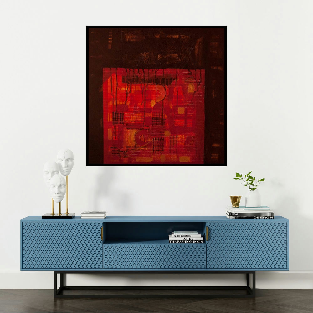 'Untitled 22' painting by Arvind Hate shown on a wall in a furnished room.