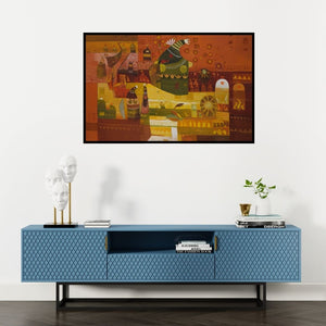 Preview of 'Untitled 22 (Rural Rhapsody**)' Painting by Vaishali Patil shown on a wall in a furnished room.