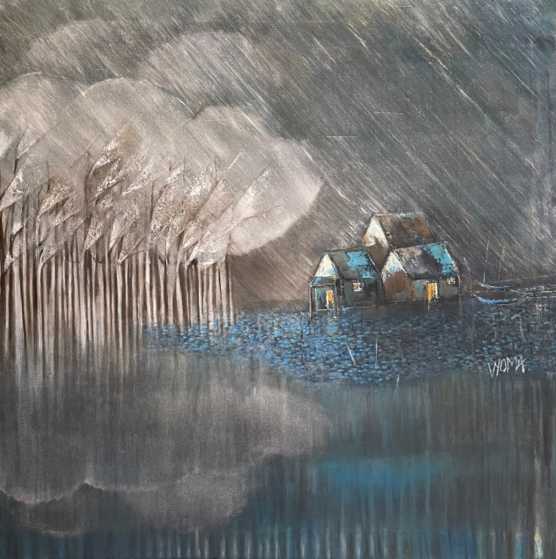 Untitled 22' landscape mixed-media painting by artist Vyoma Parikh, 36x36 inch, on linen