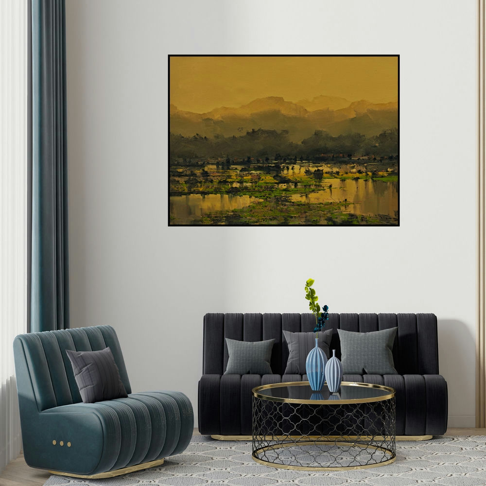 'Untitled 23 (Silent Serenity)' painting by Mangesh Shinde shown on a wall in a furnished room.