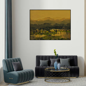 'Untitled 23 (Silent Serenity)' painting by Mangesh Shinde shown on a wall in a furnished room.