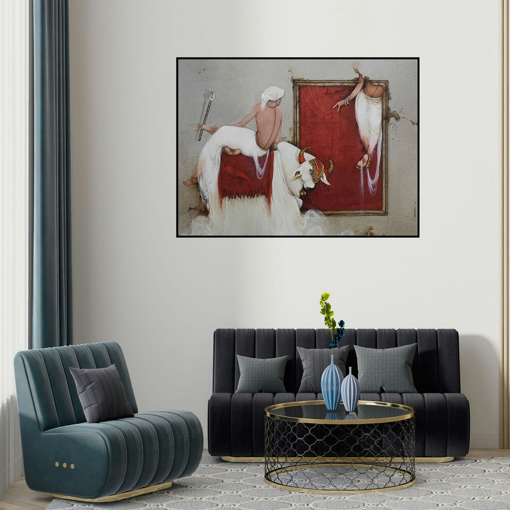 'Untitled 23 (Unveiling the Divine)' painting by Mintu Mallick shown on a wall in a furnished room.