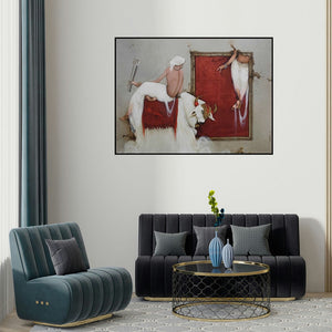 'Untitled 23 (Unveiling the Divine)' painting by Mintu Mallick shown on a wall in a furnished room.