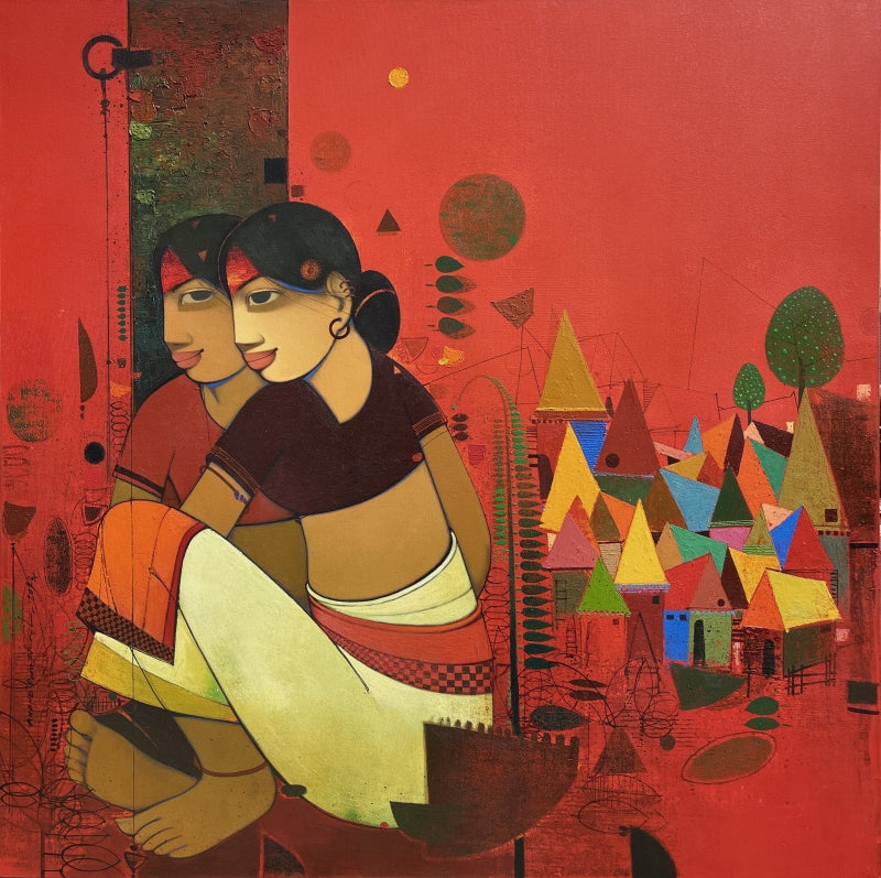 Untitled 23' figurative acrylic painting by artist Anand Panchal, 48x48 inch, on canvas