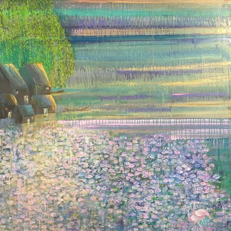 Untitled 23' landscape mixed-media painting by artist Vyoma Parikh, 36x36 inch, on linen