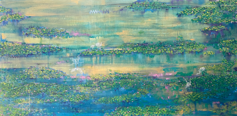 Untitled 23' nature mixed-media painting by artist Vyoma Parikh, 36x72 inch, on linen