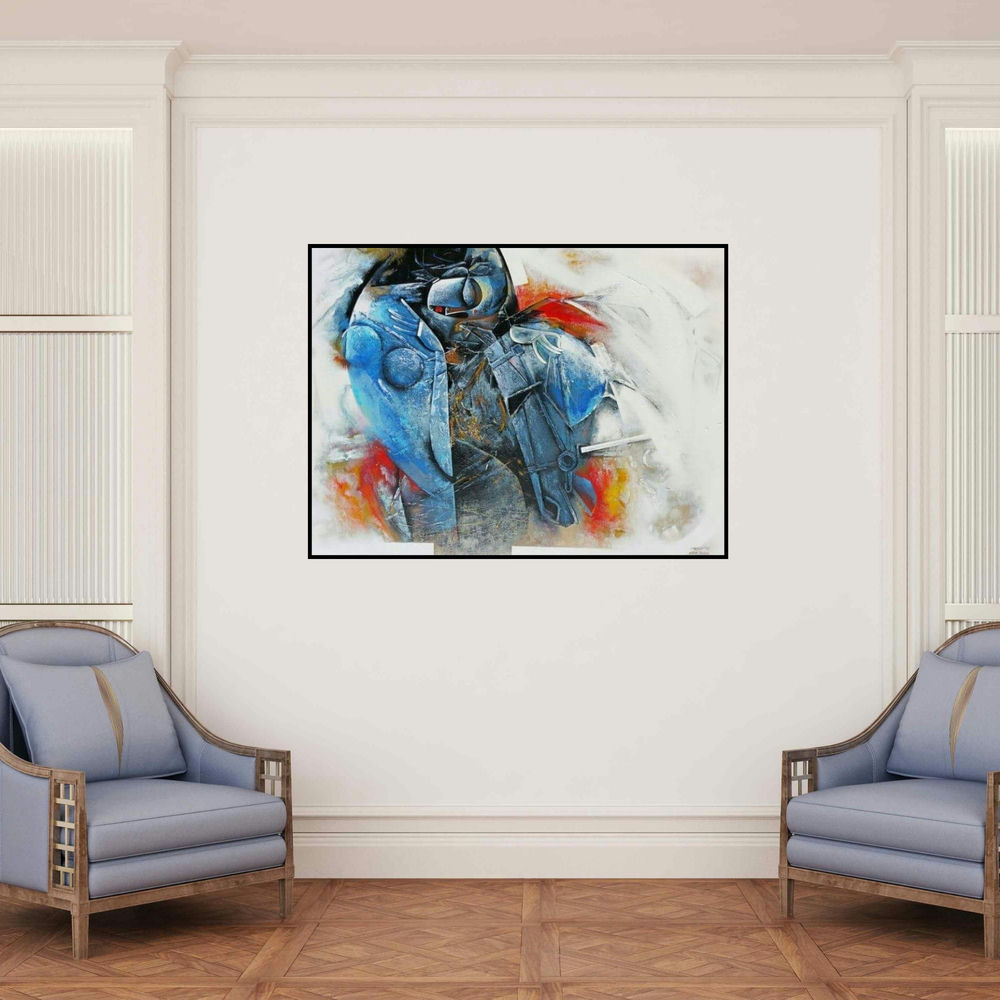 'Untitled (Abstract Figure in Motion)' painting by Vishal Phasale shown on a wall in a furnished room.