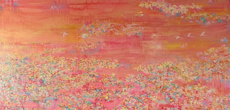 Untitled 24' nature mixed-media painting by artist Vyoma Parikh, 36x72 inch, on linen