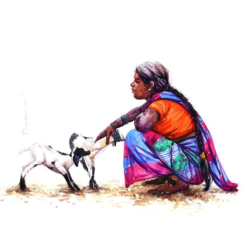 Untitled 25' figurative watercolor painting by artist Siva Balan, 15x15 inch, on paper