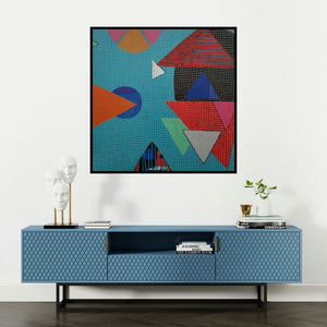 'Untitled 25' painting by Yashwant Pawar shown on a wall in a furnished room.