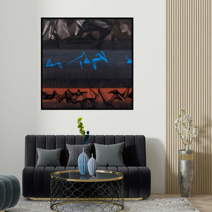 Chandan Bhowmick's 'Untitled 26 (Midnight Blue)' painting visualized above a sofa in a contemporary room.