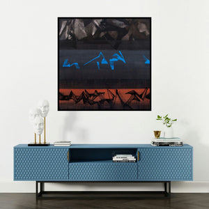 'Untitled 26 (Midnight Blue)' painting by Chandan Bhowmick shown on a wall in a furnished room.