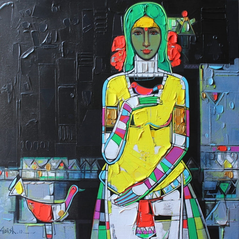 In-situ view of Girish Adannavar's 'Untitled 26 (The Dreamer)' painting in a room