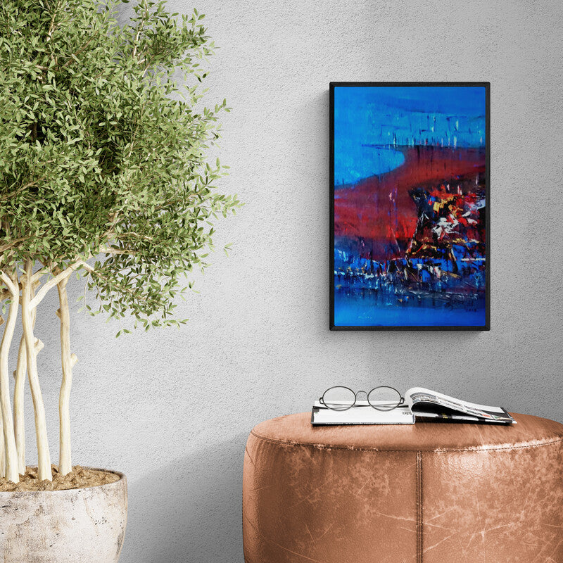 In-situ view of Dnyaneshwar Dhavale's 'Untitled (Abstract Landscape in Blue and Red)' painting in a room