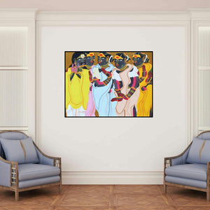 'Untitled (Divine Melodies)' painting by Thota Vaikuntam shown on a wall in a furnished room.