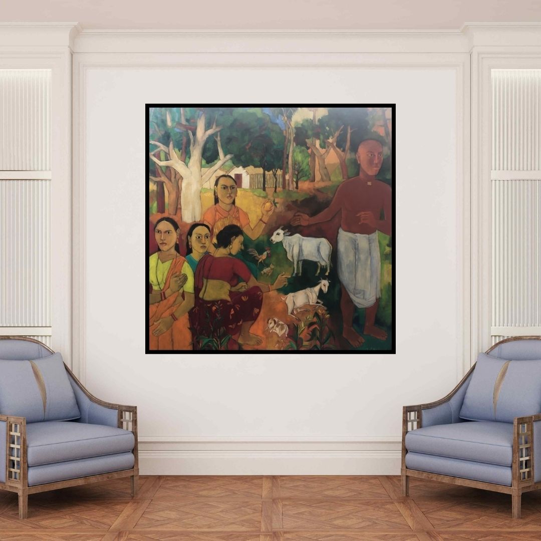 In-situ view of Laxma Goud's 'Untitled (Tranquil Waters)' painting in a room