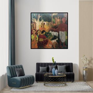 Preview of 'Untitled (Tranquil Waters)' Painting by Laxma Goud shown on a wall in a furnished room.