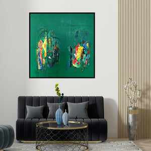 Vivek Nimbolkar's 'Untitled 27 (Emerald City)' painting visualized above a sofa in a contemporary room.