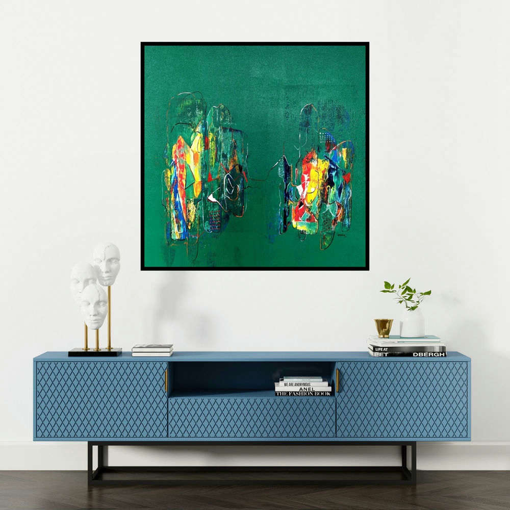 'Untitled 27 (Emerald City)' painting by Vivek Nimbolkar shown on a wall in a furnished room.