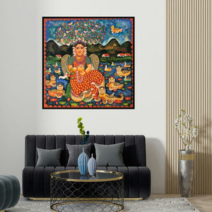 Jayasri Burman's 'Untitled' painting visualized above a sofa in a contemporary room.