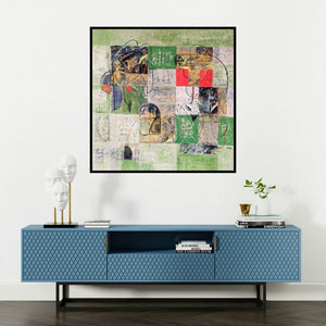 'Untitled 28 (Abstract Crossroads)' painting by Vivek Nimbolkar shown on a wall in a furnished room.