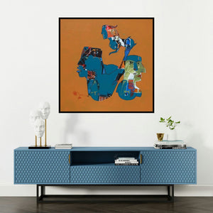 'Untitled (The Awakening)' painting by Shambhu Prasad Reddy Kolli shown on a wall in a furnished room.