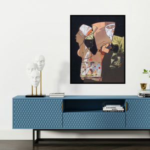 'Untitled (Interwoven Narratives)' painting by Shambhu Prasad Reddy Kolli shown on a wall in a furnished room.