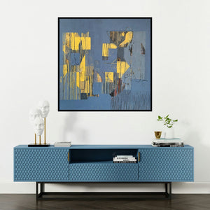 'Untitled 29 (Urban Reflections)' painting by Vivek Nimbolkar shown on a wall in a furnished room.