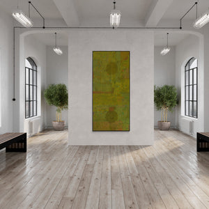 Yashvant Singh's painting 'Untitled 3 (Green Abstract with Face)' displayed in a modern living room setting