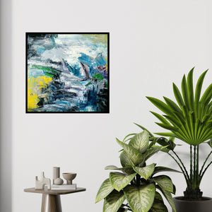 In-situ view of Kamran Azim's 'Untitled 3 (Abstract Landscape in Blue and Yellow)' painting in a room