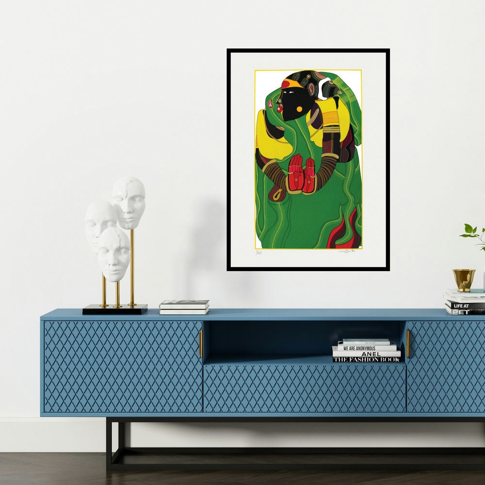 'Untitled 3 (Woman in Green Sari)' painting by Thota Vaikuntam shown on a wall in a furnished room.
