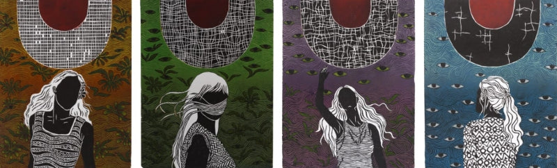 Untitled 3' figurative wood cut printmaking by artist Ranju Kumari, 8x40 inch, on paper