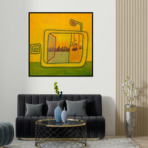 Snehal Ekbote's 'Untitled 3 (A Window to the City)' painting visualized above a sofa in a contemporary room.