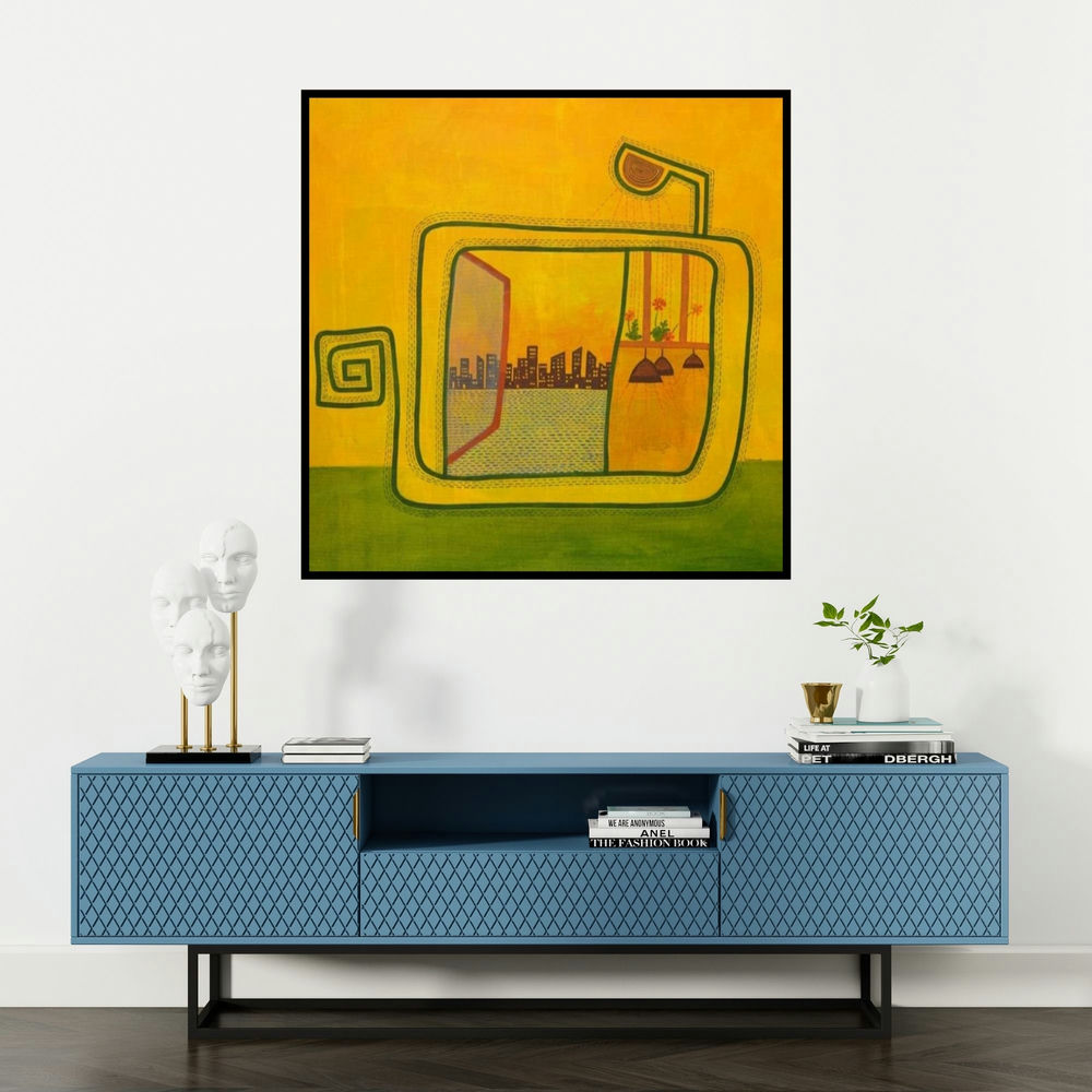 'Untitled 3 (A Window to the City)' painting by Snehal Ekbote shown on a wall in a furnished room.