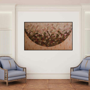'Untitled 3 (Urban Tapestry)' painting by Ishwari Manolikar shown on a wall in a furnished room.