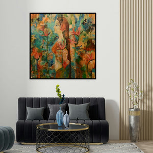 Sunayana Malhotra's 'Untitled 3' painting visualized above a sofa in a contemporary room.