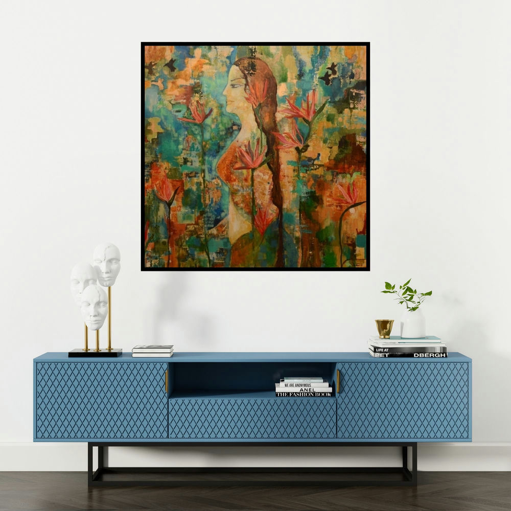 'Untitled 3' painting by Sunayana Malhotra shown on a wall in a furnished room.