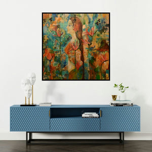 'Untitled 3' painting by Sunayana Malhotra shown on a wall in a furnished room.
