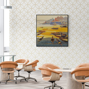 Preview of 'Untitled 3 (Ganga's Golden Hour)' Painting by Hari Dhongade shown on a wall in a furnished room.