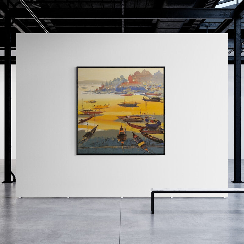 In-situ view of Hari Dhongade's 'Untitled 3 (Ganga's Golden Hour)' painting in a room