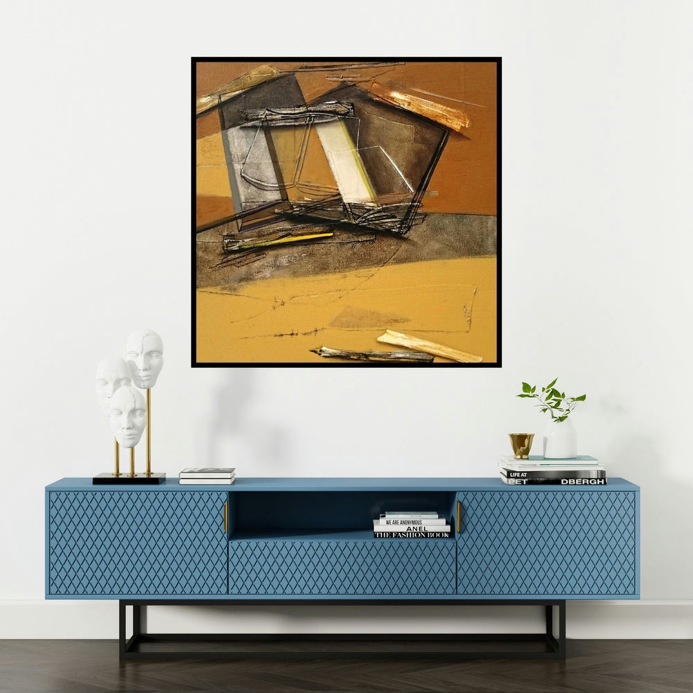 'Untitled 3 (Architectural Fragments)' painting by Shilpa Patole shown on a wall in a furnished room.