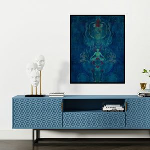 'Untitled 3 (The Cosmic Dance)' painting by Keshav Kasar shown on a wall in a furnished room.