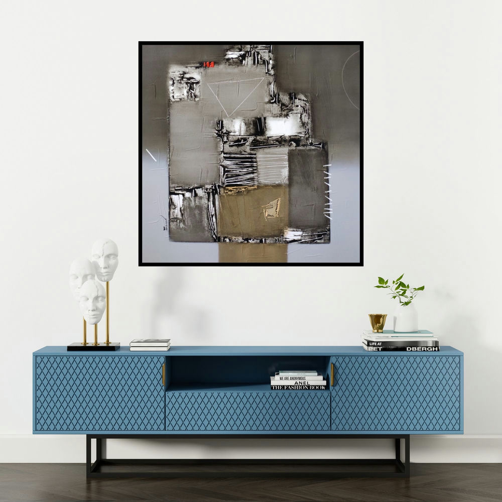 'Untitled 3 (Concrete Jungle)' painting by Paras Parmar shown on a wall in a furnished room.