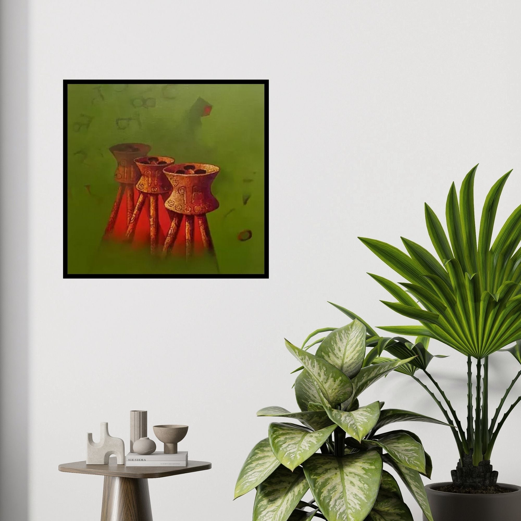 In-situ view of Navnath Kshirsagar's 'Untitled 3 (Ancient Offerings)' painting in a room