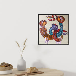 Preview of 'Untitled 3 (Interconnected Figures)' Painting by Navneet Rathod shown on a wall in a furnished room.